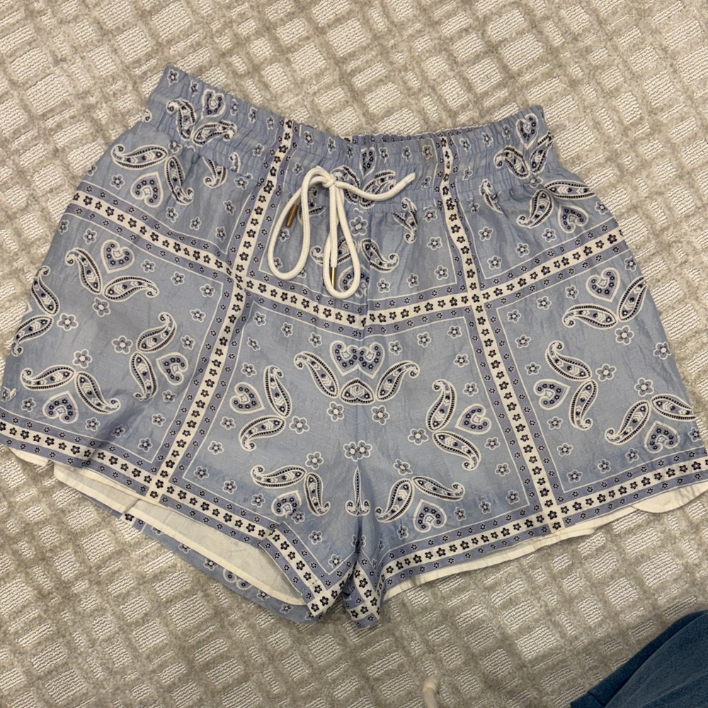Sandro Light Blue Paisley Drawstring Athletic Shorts